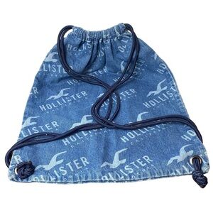 Y2K Style Hollister Bag Drawstring‎ Denim Jean Backpack with Logo